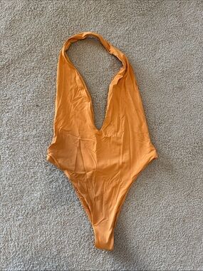 Inamorata Plunge Halter One-Piece Swimsuit in Warm Orange